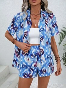 SHEIN VCAY Bộ đồ hai mảnh nữ Nút phía trước Bộ lạc Boho - Màu xanh lam - Xem 4