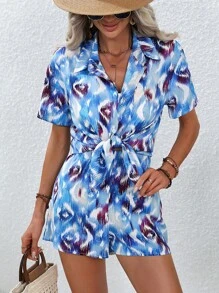 SHEIN VCAY Bộ đồ hai mảnh nữ Nút phía trước Bộ lạc Boho - Màu xanh lam - Xem 5
