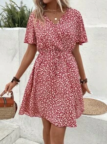 SHEIN LUNE 碎花蝴蝶袖前打結連衣裙 - 彩色 - 查看 4