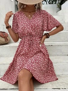 SHEIN LUNE 碎花蝴蝶袖前打結連衣裙 - 彩色 - 查看 5