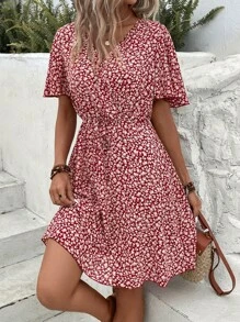 SHEIN LUNE 碎花蝴蝶袖前打結連衣裙 - 彩色 - 查看 6