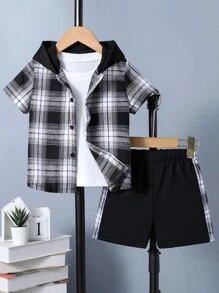 SHEIN Toddler Boys Plaid Print Hooded Shirt & Shorts Without Tee - Black and White - View 1