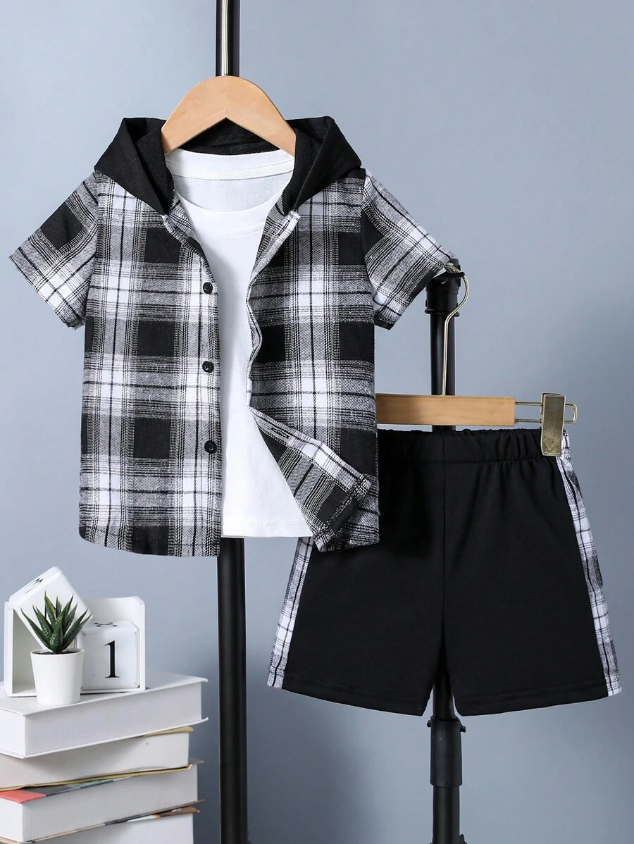 SHEIN Toddler Boys Plaid Print Hooded Shirt & Shorts Without Tee - Black and White - View 1