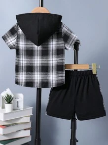 SHEIN Toddler Boys Plaid Print Hooded Shirt & Shorts Without Tee - Black and White - View 2