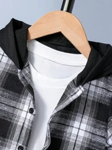 SHEIN Toddler Boys Plaid Print Hooded Shirt & Shorts Without Tee - Black and White - View 3