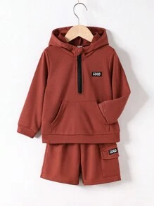 SHEIN Bộ thời trang bé trai Đắp vá Túi Dây kéo Lá thư Giải trí - Đỏ - Xem 1