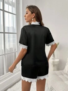 Contrast Lace Trim Satin PJ Set - Black - View 2