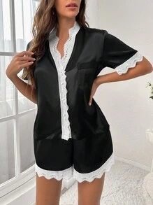 Contrast Lace Trim Satin PJ Set - Black - View 4