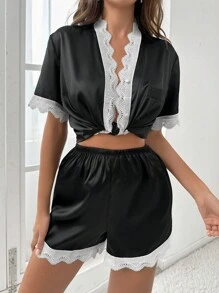 Contrast Lace Trim Satin PJ Set - Black - View 6