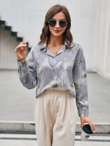 SHEIN Privé Áo sơ mi nữ Nút phía trước Thực vật Giải trí - Nhiều màu - Xem 4