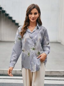 SHEIN Privé Áo sơ mi nữ Nút phía trước Thực vật Giải trí - Nhiều màu - Xem 5