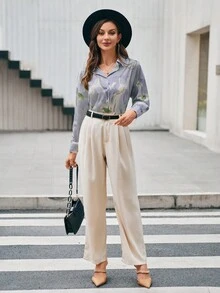 SHEIN Privé Áo sơ mi nữ Nút phía trước Thực vật Giải trí - Nhiều màu - Xem 6