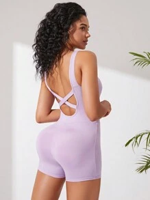 素色露背交叉運動連體短褲 - 紫丁香色 - 查看 1