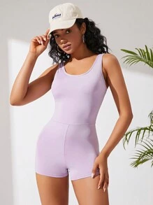 素色露背交叉運動連體短褲 - 紫丁香色 - 查看 2