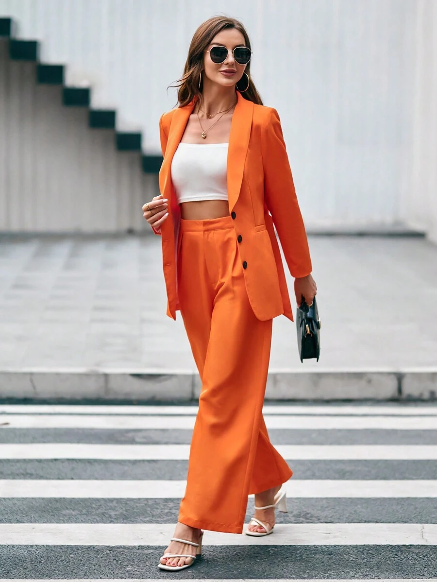 SHEIN Privé Bộ âu phục nữ Túi màu trơn Thanh lịch - trái cam - Xem 1