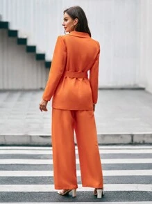 SHEIN Privé Bộ âu phục nữ Túi màu trơn Thanh lịch - trái cam - Xem 2