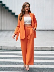 SHEIN Privé Bộ âu phục nữ Túi màu trơn Thanh lịch - trái cam - Xem 3