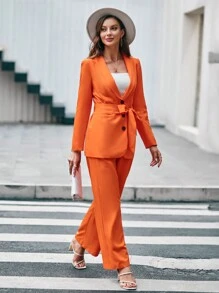 SHEIN Privé Bộ âu phục nữ Túi màu trơn Thanh lịch - trái cam - Xem 4