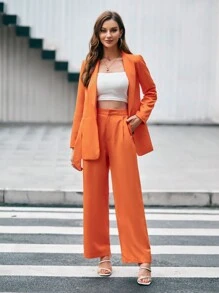 SHEIN Privé Bộ âu phục nữ Túi màu trơn Thanh lịch - trái cam - Xem 5