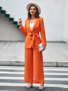 SHEIN Privé Bộ âu phục nữ Túi màu trơn Thanh lịch - trái cam - Xem 6
