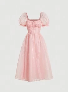 SHEIN MOD Vestido de cuello cuadrado de manga farol pecho con fruncido - Rosa Pálido - Ver 1