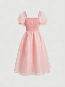 SHEIN MOD Vestido de cuello cuadrado de manga farol pecho con fruncido - Rosa Pálido - Ver 2