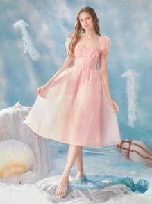 SHEIN MOD Vestido de cuello cuadrado de manga farol pecho con fruncido - Rosa Pálido - Ver 3