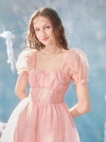 SHEIN MOD Vestido de cuello cuadrado de manga farol pecho con fruncido - Rosa Pálido - Ver 4