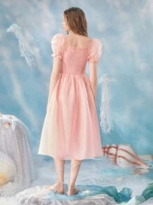 SHEIN MOD Vestido de cuello cuadrado de manga farol pecho con fruncido - Rosa Pálido - Ver 5