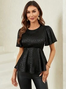 SHEIN Clasi 豹紋提花蝴蝶袖荷葉邊下擺襯衫 - 黑色 - 查看 1