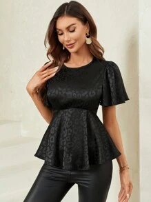 SHEIN Clasi 豹紋提花蝴蝶袖荷葉邊下擺襯衫 - 黑色 - 查看 3