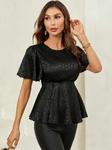 SHEIN Clasi 豹紋提花蝴蝶袖荷葉邊下擺襯衫 - 黑色 - 查看 6
