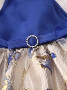 SHEIN Girls' Halter Neck A-line Dress With Texture Material Splicing - Multicolor - View 3