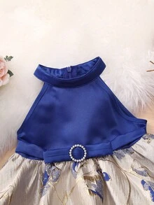 SHEIN Girls' Halter Neck A-line Dress With Texture Material Splicing - Multicolor - View 4