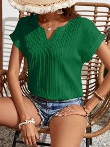 SHEIN Frenchy Notched Neck Batwing Sleeve Popover Blouse Summer Green Casual Christmas - Green - View 1