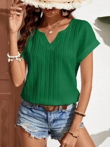 SHEIN Frenchy Notched Neck Batwing Sleeve Popover Blouse Summer Green Casual Christmas - Green - View 6