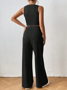 SHEIN Frenchy 素色短款背心和闊腿褲 - 黑色 - 查看 2