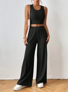 SHEIN Frenchy 素色短款背心和闊腿褲 - 黑色 - 查看 3