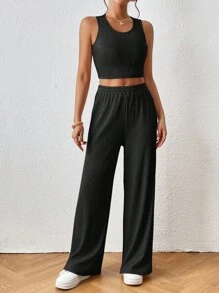 SHEIN Frenchy 素色短款背心和闊腿褲 - 黑色 - 查看 4