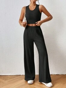 SHEIN Frenchy 素色短款背心和闊腿褲 - 黑色 - 查看 5