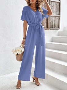 SHEIN Frenchy Áo liền quần nữ Thắt lưng Trọn gói màu trơn Giải trí - Màu xanh lam - Xem 1