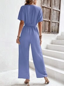 SHEIN Frenchy Áo liền quần nữ Thắt lưng Trọn gói màu trơn Giải trí - Màu xanh lam - Xem 2