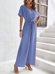 SHEIN Frenchy Áo liền quần nữ Thắt lưng Trọn gói màu trơn Giải trí - Màu xanh lam - Xem 3