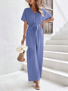 SHEIN Frenchy Áo liền quần nữ Thắt lưng Trọn gói màu trơn Giải trí - Màu xanh lam - Xem 4