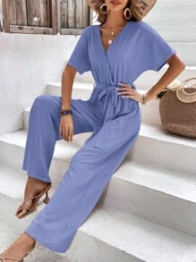 SHEIN Frenchy Áo liền quần nữ Thắt lưng Trọn gói màu trơn Giải trí - Màu xanh lam - Xem 5