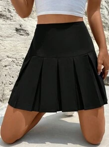 SHEIN Unity Váy nữ Xếp li Dây kéo màu trơn Giải trí - màu đen - Xem 3