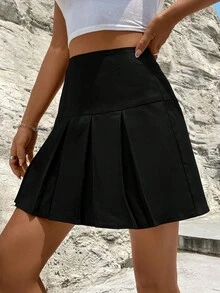 SHEIN Unity Váy nữ Xếp li Dây kéo màu trơn Giải trí - màu đen - Xem 6