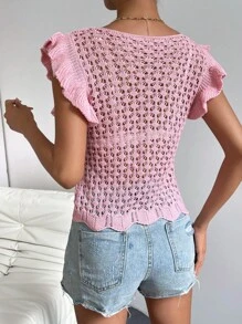 SHEIN VCAY Hollow Out Ruffle Trim Pointelle Knit Sweater Vest Without Bra - Pink - View 2