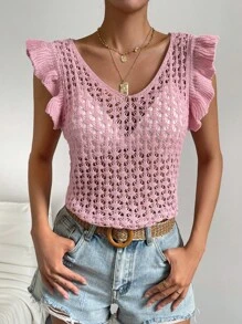SHEIN VCAY Hollow Out Ruffle Trim Pointelle Knit Sweater Vest Without Bra - Pink - View 5