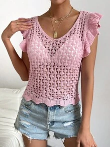 SHEIN VCAY Hollow Out Ruffle Trim Pointelle Knit Sweater Vest Without Bra - Pink - View 6